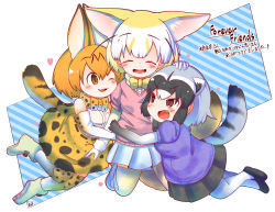 Rule 34 | 3girls, :d, ;d, ^ ^, animal ear fluff, animal ears, bad id, bad pixiv id, bare shoulders, black hair, black neckwear, black skirt, blonde hair, blouse, blush, boots, bow, bowtie, brown eyes, chibi, closed eyes, commentary, common raccoon (kemono friends), elbow gloves, extra ears, closed eyes, fang, fennec (kemono friends), fox ears, fox tail, girl sandwich, gloves, grey hair, hand on another&#039;s head, highres, hug, kemono friends, motomiya kana, multicolored hair, multiple girls, one eye closed, open mouth, print gloves, print legwear, print neckwear, print skirt, puffy short sleeves, puffy sleeves, raccoon ears, raccoon tail, rakugakiraid, sandwiched, serval (kemono friends), serval print, serval tail, shirt, short hair, short sleeves, simple background, skirt, sleeveless, sleeveless shirt, smile, tail, thighhighs, traditional bowtie, translation request, voice actor connection, white background, white hair, white skirt, yellow neckwear