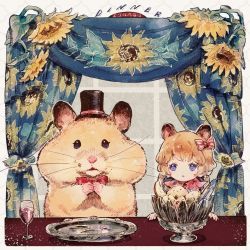 Rule 34 | 1girl, animal, animal ears, blue eyes, bow, conago, curtains, dinner, eating, english text, floral print, flower, hair bow, hamster, hamster ears, open mouth, orange hair, original, personification, plate, short hair, striped, striped bow, sunflower, table, window, yellow flower