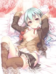 Rule 34 | 10s, 1girl, aqua hair, arms up, blush, bow, bowtie, breasts, brown eyes, brown thighhighs, cardigan, clothes pull, convenient censoring, gunp, hair ornament, hairclip, kantai collection, light particles, long hair, looking at viewer, loose thighhigh, lying, medium breasts, no bra, no panties, on back, on bed, open clothes, open shirt, open skirt, pillow, pillow grab, shirt, skirt, skirt pull, sleeves past wrists, solo, suzuya (kancolle), thighhighs, unbuttoned, unbuttoned shirt