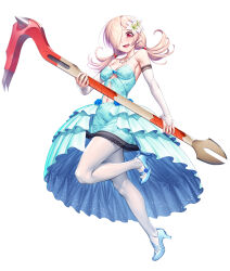 Rule 34 | blue dress, breasts, dress, flower, flower on head, heels, holding, holding weapon, ishikawa amu, leggings, lilith-soft, official alternate costume, official art, one eye covered, pink hair, red eyes, shy, small breasts, taimanin (series), taimanin rpgx, weapon, wrench
