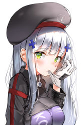 Rule 34 | 1girl, beret, biting, black hat, black jacket, blush, breasts, closed mouth, commentary, dduck kong, facial mark, girls&#039; frontline, glove biting, gloves, green eyes, hair ornament, hat, highres, hk416 (girls&#039; frontline), jacket, large breasts, long hair, looking at viewer, silver hair, simple background, solo, tilted headwear, upper body, white background, white gloves