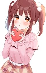 Rule 34 | 1girl, belt, blush, brown eyes, brown hair, dress, hair ornament, heart, idolmaster, idolmaster cinderella girls, looking at viewer, nagi 7g, ogata chieri, open mouth, simple background, solo, twintails, white background