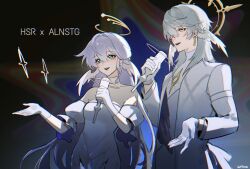 1boy 1girl alternate_costume aqua_eyes artist_name bare_shoulders brother_and_sister choker commentary copyright_name detached_sleeves dress earrings gloves grey_hair hair_between_eyes halo halo_behind_head hands_up head_wings highres holding holding_microphone honkai:_star_rail honkai_(series) jacket jewelry long_hair long_sleeves microphone music open_mouth puffy_short_sleeves puffy_sleeves robin_(honkai:_star_rail) shirt short_sleeves siblings singing strapless strapless_dress sunday_(honkai:_star_rail) turtleneck turtleneck_shirt very_long_hair wfleow white_choker white_gloves white_jacket white_shirt white_wings wings yellow_eyes