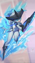 Rule 34 | 1girl, blue eyes, breasts, cat eyes, colored skin, damo games, dual wielding, eyebrows, female focus, fins, fish tail, flat chest, full body, grey skin, head fins, highres, holding, large tail, large weapon, midriff, millie (space leaper:cocoon), motion blur, open mouth, reptile girl, shark girl, shark tail, sharp teeth, simple background, slit pupils, small breasts, solo, space leaper:cocoon, stance, standing, tail, teeth, thighs, tiktok, tiktok logo, water, weapon
