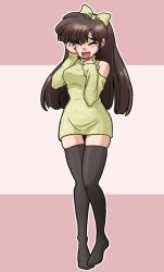 Rule 34 | 1girl, bare shoulders, black thighhighs, blush, bow, brown hair, clothing cutout, crying, dress, green bow, hair bow, hand on own chest, hand on own face, happy tears, kuonji ukyou, long hair, no shoes, open mouth, ranma 1/2, shoulder cutout, simple background, smile, solo, sweater, sweater dress, tears, thighhighs, wanta (futoshi), zettai ryouiki