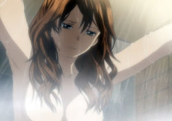 Rule 34 | 1girl, anime screenshot, armpits, bathroom, breasts, brown eyes, brown hair, closed mouth, unworn clothes, collarbone, completely nude, eyelashes, fanservice, female focus, guilty crown, hair between eyes, head down, indoors, large breasts, looking down, mature female, medium hair, neck, nude, ouma haruka, outstretched arms, shiny skin, shower (place), showering, spread arms, standing, thinking, water, wet, wet hair
