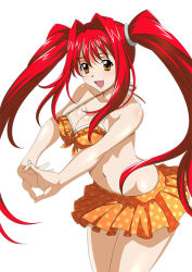 Rule 34 | 00s, 1girl, bikini, breasts, brown eyes, cleavage, collarbone, female focus, frilled bikini, frills, hair ornament, ikkitousen, interlocked fingers, kanpei, large breasts, long hair, long twintails, looking at viewer, navel, open mouth, orange bikini, own hands clasped, own hands together, red hair, simple background, skirt, smile, solo, swimsuit, twintails, white background