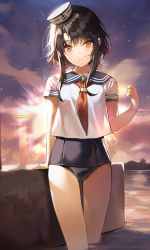 Rule 34 | 1girl, bad id, bad pixiv id, black hair, brown eyes, gradient background, hat, highres, leenim, looking at viewer, mole, mole under eye, one-piece swimsuit, partially submerged, school swimsuit, school uniform, serafuku, short hair, short hair with long locks, sita vilosa, solo, standing, swimsuit, swimsuit under clothes, sword girls, wading, water