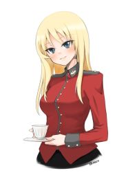 Rule 34 | 10s, 1girl, black skirt, blonde hair, blue eyes, closed mouth, commentary, cropped torso, cup, earl grey (girls und panzer), epaulettes, girls und panzer, head tilt, holding, jacket, long hair, long sleeves, looking at viewer, military, military uniform, pleated skirt, red jacket, saucer, skirt, smile, solo, st. gloriana&#039;s military uniform, standing, teacup, twitter username, umxzo, uniform, upper body