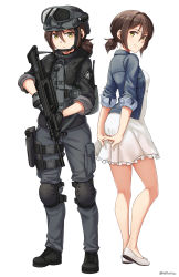 Rule 34 | 1girl, absurdres, arms behind back, black footwear, black jacket, blue jacket, boots, breasts, brown eyes, brown hair, closed mouth, commentary request, cross-laced footwear, dress, frilled dress, frills, gloves, goggles, goggles on headwear, grey gloves, grey headwear, grey pants, gun, hair between eyes, han yue ling, helmet, highres, holding, holding gun, holding weapon, jacket, lace-up boots, long sleeves, low ponytail, multiple views, ndtwofives, open clothes, open jacket, original, pants, pleated dress, ponytail, qbz-97, short sleeves, simple background, small breasts, smile, standing, trigger discipline, twitter username, weapon, white background, white dress, white footwear