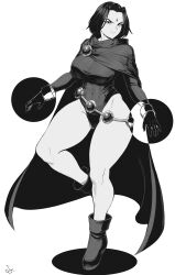 Rule 34 | 1girl, absurdres, bare legs, black leotard, boots, breasts, cape, covered navel, dc comics, forehead jewel, full body, highleg, highleg leotard, highres, large breasts, legs, leotard, looking at viewer, monochrome, raven (dc), short hair, signature, solo, speedl00ver, taut leotard, teen titans, thick thighs, thighs, umbrakinesis, wrist cuffs