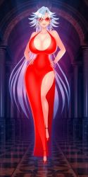 Rule 34 | 00s, 1girl, akiranime, animated, animated gif, bare shoulders, basquash!, bouncing breasts, bracelet, breasts, cleavage, column, curvy, dress, earrings, eyes visible through hair, full body, glasses, hair over one eye, hallway, hands on own hips, haruka gracia, high heels, huge breasts, indoors, jewelry, light purple hair, long hair, looking at viewer, pillar, pumps, red dress, red footwear, reflection, revealing clothes, see-through, side slit, sideboob, silver hair, sleeveless, sleeveless dress, solo, sunglasses, very long hair, walking
