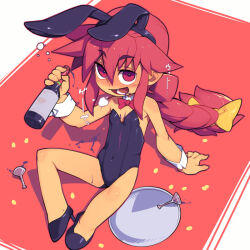 Rule 34 | 1girl, alcohol, animal ears, arm support, black footwear, blush, bottle, bow, bowtie, covered navel, cup, drinking glass, drunk, fake animal ears, glass bottle, hair bow, high heels, holding, holding bottle, korone (metata), leotard, long hair, metata, multi-tied hair, new year, open mouth, original, pink hair, playboy bunny, ponytail, rabbit ears, red bow, red bowtie, sidelocks, sitting, solo, squeans, strapless, strapless leotard, tray, very long hair, wrist cuffs, yellow bow