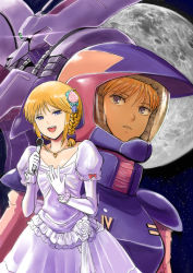Rule 34 | 2girls, :d, armor, blonde hair, bow, braid, collarbone, dress, earrings, elbow gloves, elpeo puru, flower, gacha-m, gloves, gundam, gundam zz, hair bow, hair flower, hair ornament, hair ribbon, holding, holding microphone, jewelry, looking at viewer, microphone, moon, multiple girls, necklace, open mouth, pilot suit, pink flower, pink rose, purple bow, puru two, qubeley mk ii, ribbon, rose, short hair, short sleeves, shoulder armor, sky, smile, star (sky), starry sky, striped ribbon, white dress, white gloves