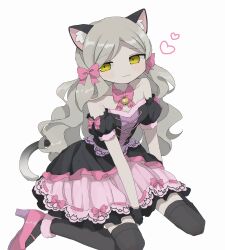 Rule 34 | 01sh110sush1, 1girl, :3, alternate costume, animal ears, bare shoulders, bell, black thighhighs, blush, breasts, cat ears, cat tail, choker, closed mouth, collarbone, detached sleeves, dot nose, dress, expressionless, fake animal ears, fake tail, fur-trimmed dress, fur trim, hair ribbon, half-closed eyes, handa roco, hands on ground, heart, highres, idolmaster, idolmaster million live!, idolmaster million live! theater days, layered dress, light brown hair, long hair, looking at viewer, neck bell, nyannyan cat&#039;s eye (idolmaster), parted bangs, pink footwear, pink ribbon, puffy detached sleeves, puffy sleeves, ribbon, ribbon-trimmed dress, ribbon choker, simple background, sitting, small breasts, solo, tail, thighhighs, twintails, very long hair, wariza, wavy hair, white background