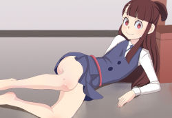Rule 34 | 1girl, aruman, barefoot, blue dress, blush, brown hair, buttons, closed mouth, dress, feet, kagari atsuko, little witch academia, long hair, looking at viewer, lying, red eyes, shadow, shiny skin, skirt, smile, solo, thighs