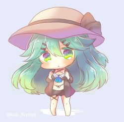 Rule 34 | 1girl, :o, barefoot, bikini, black bikini, black bow, black jacket, blue background, blush, bow, breasts, brown hat, chibi, commentary request, full body, green eyes, green hair, hair between eyes, hair ornament, hairclip, hat, hat bow, head tilt, jacket, kantai collection, kou hiyoyo, long hair, looking at viewer, lowres, medium breasts, open clothes, open jacket, parted lips, solo, standing, sun hat, swimsuit, twitter username, very long hair, yamakaze (kancolle)