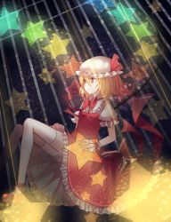 Rule 34 | 1girl, alternate wings, blonde hair, bow, cuivre, dress, flandre scarlet, glowing, glowing wings, puffy sleeves, red dress, red eyes, shirt, short sleeves, side ponytail, solo, star (symbol), thighhighs, touhou, white background, wings, wrist cuffs, zettai ryouiki