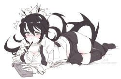 Rule 34 | 1girl, blush, breasts, cleavage, commentary, eating, fangs, filia (skullgirls), food, food in mouth, hip focus, ko-on (ningen zoo), large breasts, long hair, looking at viewer, lying, midriff, monochrome, open clothes, open shirt, pocky, samson (skullgirls), school uniform, shirt, skirt, skullgirls, solo, spot color, surprised, sweatdrop, tentacle hair, thick thighs, thighhighs, thighs, twitter username