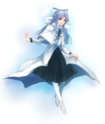 Rule 34 | 00s, 1girl, blue hair, bow, capelet, dress, flat chest, full body, hair bow, half updo, juunichi (kayodesu), long coat, long hair, melty blood, pantyhose, pointy ears, red eyes, smile, solo, tsukihime, white len (tsukihime), white pantyhose