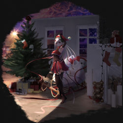 Rule 34 | 1girl, absurdres, alternate costume, arknights, arm up, armpits, ass, black gloves, black thighhighs, bobblehat, bodysuit, bodysuit under clothes, box, breasts, candle, christmas tree, commentary, crop top, elbow gloves, fireplace, full body, garter straps, gift, gift box, gloves, hair ornament, hand on headwear, hat, highres, horns, large breasts, long hair, miniskirt, mudrock (arknights), no shoes, red eyes, red hat, red skirt, sack, santa hat, silver hair, skirt, sled, socks, solo, sore watasino, standing, thighhighs, underboob, very long hair
