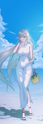 Rule 34 | 1girl, absurdres, artist request, bag, bare arms, bare shoulders, blue eyes, blue sky, blush, breasts, cloud, commission, covered navel, day, dress, full body, grey hair, hair between eyes, hand in own hair, hand up, highres, holding, holding bag, large breasts, long dress, long hair, looking at viewer, original, parted lips, sandals, second-party source, sky, sleeveless, sleeveless dress, solo, standing, very long hair, white dress