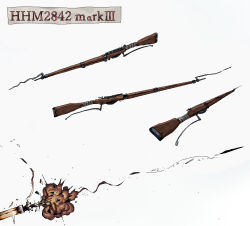 Rule 34 | bandages, bayonet, damaged, dust cloud, firing, gun, hamsterfragment, jaggy lines, multiple views, muzzle flash, no humans, original, rifle, simple background, trail, weapon, weapon focus, white background