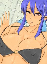 Rule 34 | 00s, 1girl, 69 (tranquilo), bad id, bad pixiv id, bikini, blue hair, breasts, brown eyes, covered erect nipples, judith (tales), large breasts, official alternate costume, pointy ears, solo, swimsuit, tales of (series), tales of vesperia, undressing