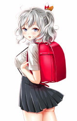 Rule 34 | 1girl, :d, ass, backpack, bad id, bad pixiv id, bag, black skirt, blue eyes, blush, bow, breasts, cosplay, cowboy shot, from behind, hair bow, jpeg artifacts, kantai collection, kashima (kancolle), kasumi (kancolle), kasumi (kancolle) (cosplay), kurage1, large breasts, looking at viewer, looking back, open mouth, over shoulder, pleated skirt, school bag, shirt, short hair, short sleeves, short twintails, silver hair, simple background, skirt, smile, solo, standing, strap gap, suspender skirt, suspenders, twintails, wavy hair, white background, white shirt