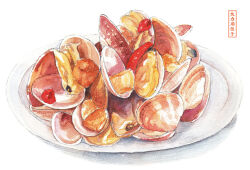 Rule 34 | 392610595, artist name, clam, food, food focus, highres, no humans, original, painting (medium), plate, shadow, simple background, still life, traditional media, watercolor (medium), white background