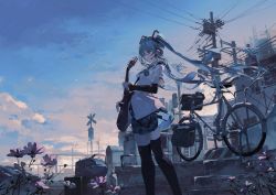 Rule 34 | 1girl, acoustic guitar, aqua hair, arm warmers, bag, bicycle, black thighhighs, blue sky, building, cloud, commentary request, falling star, feet out of frame, flower, gradient sky, grey sky, guitar, hatsune miku, headset, highres, holding, holding instrument, instrument, long hair, mechari, miniskirt, outdoors, parted lips, pink flower, railroad signal, scenery, shirt, short sleeves, skirt, sky, solo, star (sky), starry sky, thighhighs, twintails, utility pole, very long hair, vocaloid, white shirt