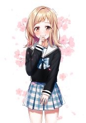 Rule 34 | 1girl, black shirt, blue bow, blue bowtie, blue skirt, blush, bow, bowtie, brown eyes, closed mouth, commentary request, flower, hand to own mouth, hand up, idolmaster, light brown hair, long hair, long sleeves, mamel 27, pink flower, plaid, plaid bow, plaid bowtie, plaid neckwear, plaid skirt, pleated skirt, sailor collar, sakuragi mano, school uniform, serafuku, shirt, skirt, sleeves past wrists, smile, solo, twitter username, white background, white sailor collar