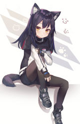 Rule 34 | 1girl, absurdres, aged down, animal ear fluff, animal ears, arknights, black capelet, black gloves, black hair, black pantyhose, black shorts, capelet, commentary request, earrings, fingerless gloves, full body, gloves, hair between eyes, highres, id card, jacket, jewelry, long hair, looking at viewer, nam (nam990902), pantyhose, paw print, piercing, shoes, shorts, sneakers, solo, tail, texas (arknights), white jacket, wolf ears, wolf girl, wolf tail, yellow eyes