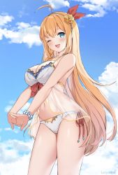 Rule 34 | 1girl, ;d, ahoge, bare arms, bare shoulders, bikini, blue eyes, blue sky, bracelet, braid, breasts, cleavage, cloud, contrapposto, cowboy shot, day, flower, hair flower, hair ornament, hairband, highres, jewelry, kaetzchen, large breasts, long hair, looking at viewer, navel, one eye closed, open mouth, orange hair, outdoors, pecorine (princess connect!), pecorine (summer) (princess connect!), princess connect!, see-through, side-tie bikini bottom, sky, smile, solo, standing, stomach, swimsuit, thighs, very long hair, white bikini