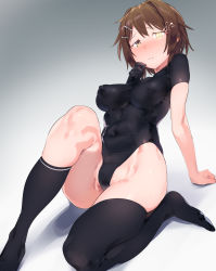 Rule 34 | 1girl, black bodysuit, black thighhighs, blush, bodysuit, breasts, brown hair, commission, covered erect nipples, covered navel, furutaka (kancolle), furutaka kai ni (kancolle), gloves, glowing, glowing eye, gradient background, grey background, groin, hair ornament, hairclip, heterochromia, highleg, highres, kantai collection, looking at viewer, nanaichi, short hair, sitting, skeb commission, skin tight, skindentation, solo, sweat, thighhighs, underwear, underwear only, yellow eyes