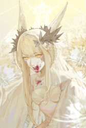 Rule 34 | 1girl, au ra, bing ling aisu, blonde hair, blood, blood on clothes, blood on face, chinese commentary, cleavage cutout, clothing cutout, commentary request, dragon horns, empty eyes, final fantasy, final fantasy xiv, floral background, flower, head wings, head wreath, highres, horns, long hair, monster girl, scales, sidelocks, sin eater (ff14), solo, upper body, warrior of light (ff14), white flower, wings, yellow background, yellow eyes