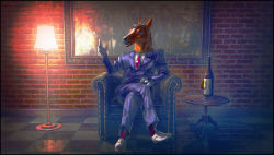 Rule 34 | .live, 1boy, alcohol, armchair, bacharu (youtube), blue suit, brick wall, brown hair, chair, checkered floor, commentary, crossed legs, cup, drinking glass, formal, gloves, highres, horse head, horse mask, lamp, mask, necktie, painting (action), picture frame, raichi (litchixlitchi), red neckwear, shoes, suit, table, virtual youtuber, white footwear, white gloves, wine, wine glass