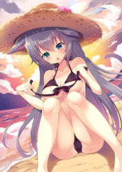 Rule 34 | 1girl, :o, absurdres, animal ears, areola slip, bare arms, bare legs, bare shoulders, barefoot, beach, bikini, black bikini, black bow, blue eyes, blush, bow, bow bikini, breasts, cat ears, cat girl, cat tail, cloud, cloudy sky, collarbone, commentary request, fingernails, flower, front-tie bikini top, front-tie top, green eyes, grey hair, hair between eyes, halterneck, hands up, hat, hat bow, hat flower, heterochromia, highres, holding, knees up, large breasts, long fingernails, long hair, looking at viewer, medium breasts, nanohana kohina, navel, ocean, open mouth, original, sand, shiny skin, sidelocks, sky, solo, stomach, straw hat, sun hat, sunset, swimsuit, tail, underboob, very long hair, water, waves, white bow