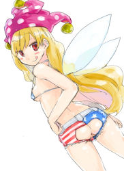 Rule 34 | 1girl, american flag bikini, anal cutout, anus, anus only, ass, ass cutout, bikini, blonde hair, breasts, clothing cutout, clownpiece, fairy wings, flag print, hat, jester cap, licking lips, long hair, looking at viewer, looking back, micro bikini, naughty face, pussy, pussy peek, red eyes, sape (saperon black), short shorts, shorts, sideboob, simple background, small breasts, smile, solo, swimsuit, tongue, tongue out, touhou, very long hair, wings