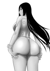 Rule 34 | 1girl, absurdres, ass, ass grab, backboob, black eyes, black hair, breasts, closed mouth, cowboy shot, female focus, floating hair, from behind, gantz, gantz suit, grabbing own ass, groin, highres, hip focus, iwao178, large breasts, legs, legs together, long hair, looking back, monochrome, shimohira reika, simple background, solo, standing, sweatdrop, thighs, white background