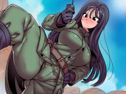 Rule 34 | 1girl, belt, black eyes, black gloves, black hair, blush, boots, breasts, closed mouth, cloud, coat, day, dragon ball, dragon ball super, female focus, from below, gloves, groin, hand on own hip, hand up, highres, holding, large breasts, legs, long hair, looking at viewer, mai (dragon ball), military, military uniform, outdoors, serious, sky, solo, standing, thighs, tukiwani, uniform, walkie-talkie