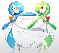 Rule 34 | 2girls, alternate color, arm up, birthday, black choker, blue hair, blue skin, blush, blush stickers, bob cut, choker, closed mouth, colored skin, creatures (company), dated, english text, eye contact, female focus, flat chest, full body, game freak, gardevoir, gen 3 pokemon, green hair, green skin, grey background, hair over one eye, half-closed eyes, happy, happy birthday, lace, lace choker, looking at another, lotosu, mega stone, multicolored skin, multiple girls, nintendo, open mouth, orange eyes, outstretched arm, pokemon, pokemon (creature), red eyes, reflection, shiny and normal, shiny pokemon, short hair, siblings, simple background, smile, sparkle, standing, symmetry, twins, two-tone skin, white choker, white skin