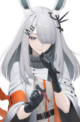 Rule 34 | 1girl, animal ear fluff, animal ears, arknights, black gloves, black scarf, blunt bangs, candy, cloak, closed mouth, dress, eyeshadow, food, frostnova (arknights), giving, giving food, gloves, grey dress, grey eyes, grey hair, hair ornament, hair over one eye, hairclip, highres, holding, holding candy, holding food, long hair, looking at viewer, makeup, rabbit ears, rabbit girl, red eyeshadow, roki (shouka65), scar, scar on face, scar on nose, scarf, short sleeves, simple background, smile, solo, upper body, white background, white cloak
