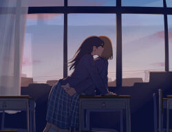 2girls absurdres avogado6 black_jacket blue_skirt brown_hair classroom commentary_request curtains desk dusk highres holding holding_letter indoors jacket leg_between_thighs letter long_hair long_sleeves love_letter multiple_girls open_mouth original plaid_clothes plaid_skirt pleated_skirt power_lines school_desk school_uniform short_hair skirt utility_pole whispering window yuri