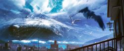 Rule 34 | animal, bird, blue sky, cityscape, cloud, cloudy sky, commentary request, day, giant, giant monster, kaijuu, lamppost, mocha (cotton), monster, motion blur, mountain, no humans, original, outdoors, railing, scenery, signature, sky, water, wavy mouth, window