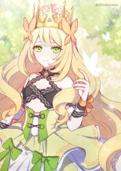 Rule 34 | 1girl, bare shoulders, blonde hair, celine (fire emblem), commentary request, crown, dfhnokenbutu, dress, fire emblem, fire emblem engage, green dress, green eyes, hand up, highres, long hair, looking at viewer, nintendo, sleeveless, sleeveless dress, smile, solo, upper body, very long hair