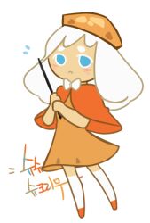 Rule 34 | 1girl, blue eyes, bow, capelet, cookie run, cream puff cookie, dress, flying sweatdrops, full body, hat, holding, holding wand, looking at viewer, orange capelet, orange dress, orange footwear, orange hat, orangekira, simple background, socks, solo, translation request, transparent background, wand, white bow, white hair, white socks