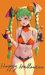 Rule 34 | 1girl, absurdres, bare arms, bare shoulders, bikini, black gloves, blush, bow, bowtie, braid, candy, cowboy shot, cupcake, flat chest, food, food-themed hair ornament, gloves, green hair, hair ornament, halloween, happy halloween, head wings, highres, holding, holding food, lollipop, long hair, looking at viewer, makeup, mascara, navel, open mouth, orange background, original, pink eyes, pumpkin hair ornament, signature, simple background, solo, stomach, swimsuit, thigh gap, twin braids, two-tone bikini, two-tone bow, v-shaped eyebrows, wings, y.i. (lave2217)