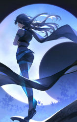 Rule 34 | 1girl, artist request, black footwear, black hair, blue theme, closed mouth, crossed arms, full body, highres, leaf, leg up, long hair, looking back, moon, night, on roof, qinshi mingyue, shi lan (qin shi ming yue), solo, source request, tiptoes