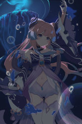 Rule 34 | 1girl, absurdres, arm up, asahiv, blunt bangs, commentary request, detached sleeves, fish, genshin impact, gloves, gradient hair, hair ornament, half gloves, highres, jellyfish, long hair, long sleeves, looking at viewer, low twintails, midriff, multicolored hair, navel, night, night sky, nontraditional miko, pink hair, purple eyes, sangonomiya kokomi, short shorts, shorts, sidelocks, sky, solo, thighhighs, twintails, two-tone hair, underwater, vision (genshin impact), white gloves, white shorts, white thighhighs, wide sleeves, zettai ryouiki